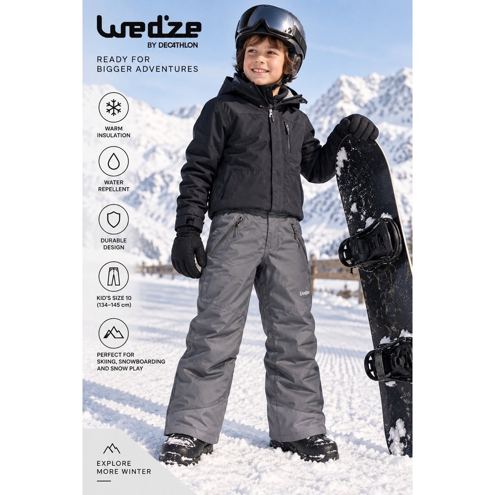Wedze Kids Gray Ski Snow Pants Size 10 Insulated Winter Snowboard Pants